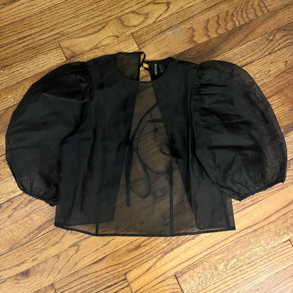 H&M Black Sheer Blouse with Puff Sleeves and an open back with ties.